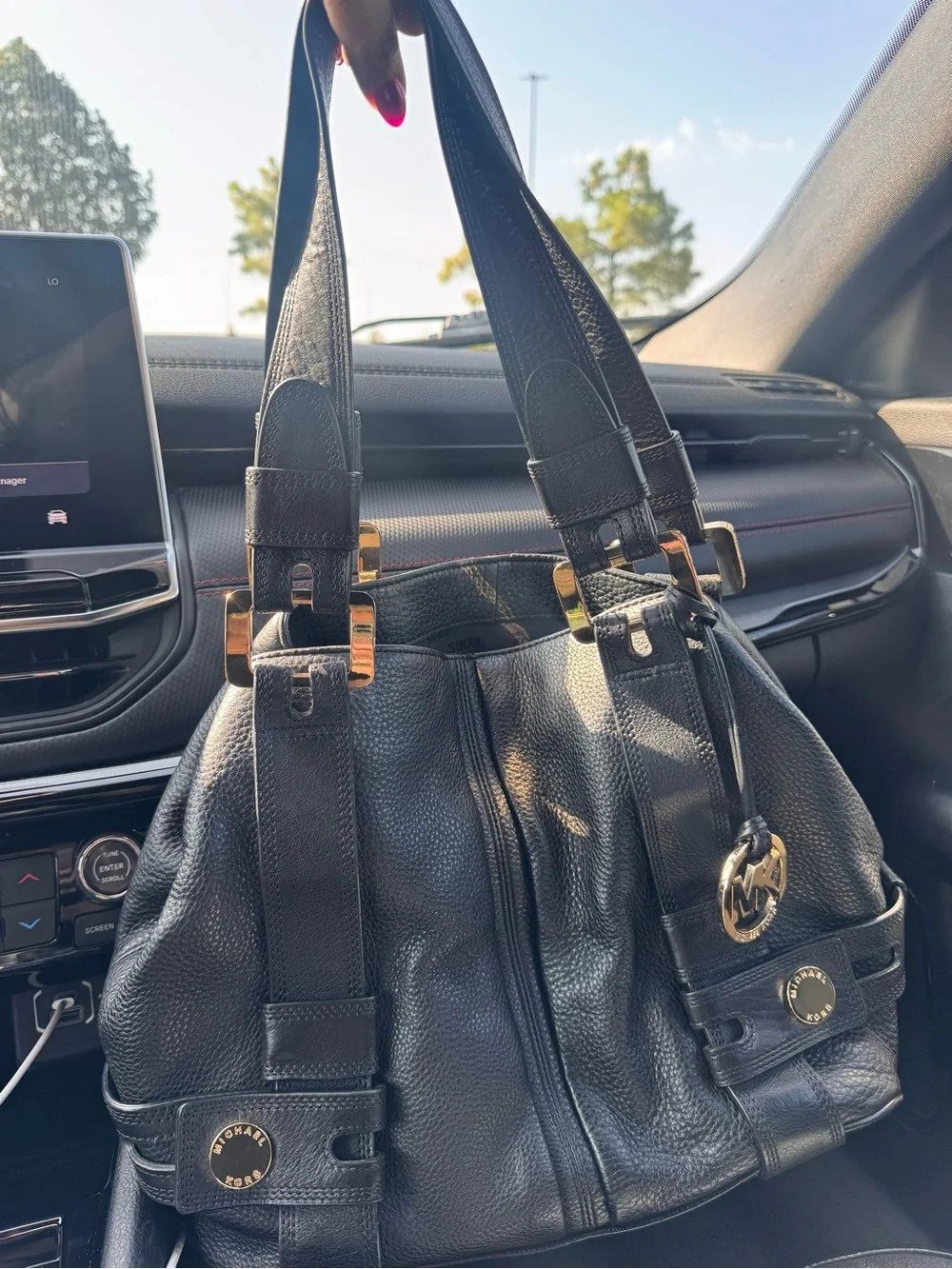 Michael Kors Black Leather Shoulder Bag with Gold-Tone Accents